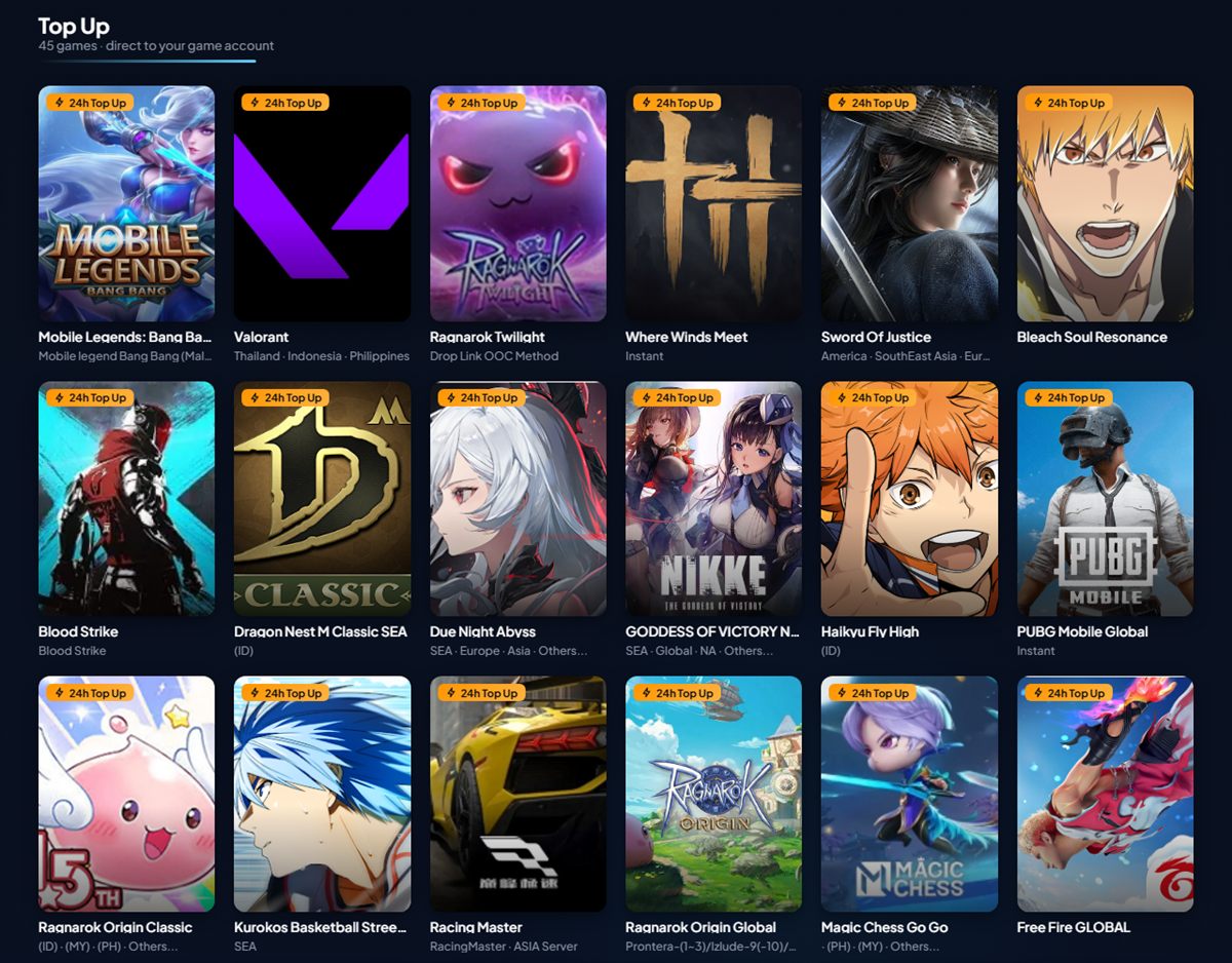 Dynasty Game Store catalog: rows of game cards for 60+ games available for top-up