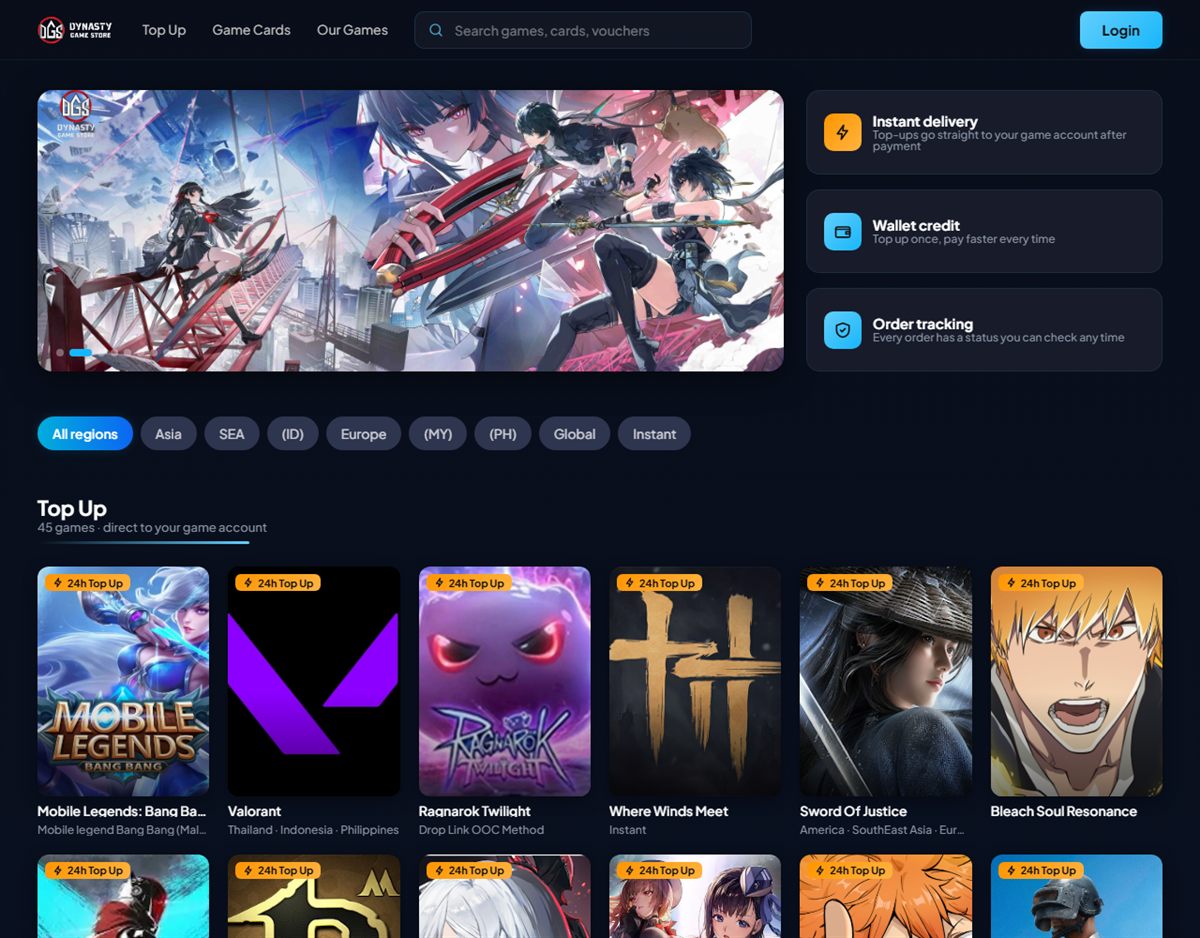 Dynasty Game Store home page: header with search, promo banner, trust cards for instant delivery, wallet credit and order tracking, region filters and the first rows of the game top-up catalog