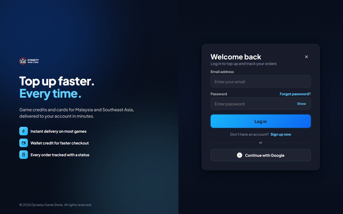 Dynasty Game Store login page with email and password fields and Google sign-in