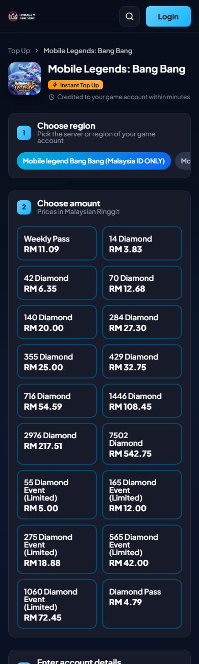 Dynasty Game Store product page on a phone: Mobile Legends top-up with region selection and a set of Ringgit denominations