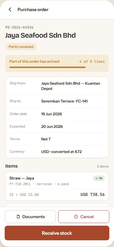 Fivooo handheld purchase order on a phone with demo data: a partly received order with ship-from, ship-to, items and a Receive stock button