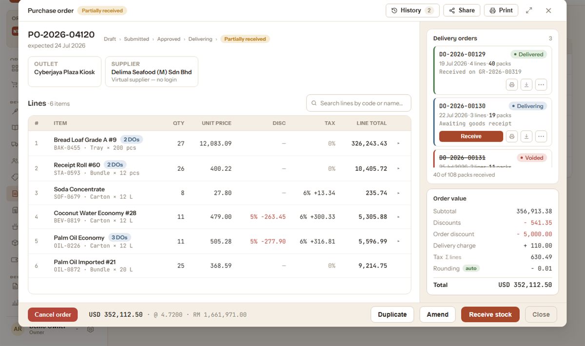 Fivooo purchase order detail with demo data: status chain from Draft to Partially received, six line items, delivery orders and the order value