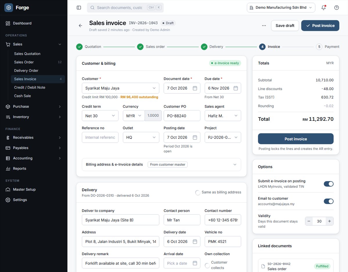 Forge sales invoice form with demo data: document flow stepper from quotation to payment, customer and billing fields, delivery section, totals panel and an option to submit the e-Invoice on posting