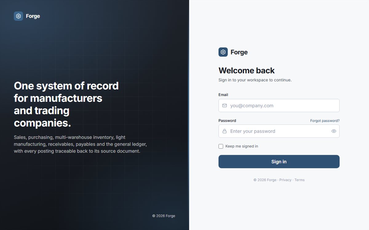 Forge login page with demo data: graphite brand panel on the left, sign-in form with email and password on the right